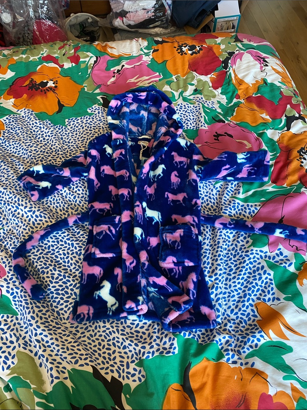 Hatley Navy Hooded Plush Robe with Pink & Light Blue Horse Print